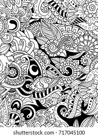 Vector hand drawn monochrome background, outline ornamental illustration in ethnic zentangle style for adult coloring pages. Abstract decoration doodle element