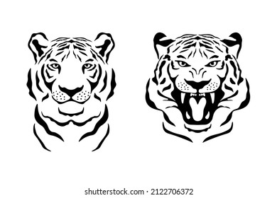 Vector Hand Drawn Monochrome Black and White Tiger Face. Noble Tiger Head for Clothes Print, Tattoo, Fabrics, T-shirt, Card Print, Logo Design. Symbol of the Year of Tiger