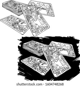 Vector hand drawn monochrome illustration of tarot cards . Mysticism, divination, predictions, occultism. Black and white graphic, linear and with background.