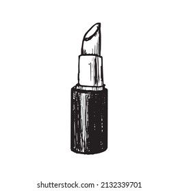 Ilustración monocromática de dibujo cosmético de maquillaje de lápiz labial aislada en fondo blanco. Concepto de diseño para etiqueta cosmética, visaje, maquillaje.