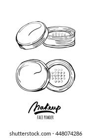 Vector hand drawn monochrome illustration of face tonal powder. Sketch of face powder jar, isolated on white background. Design concept for cosmetics label, visage, makeup.