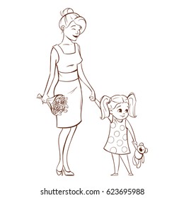 Vector hand drawn monochrome illustration of happy mother with her daughter.