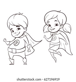 Vector hand drawn monochrome illustration of two happy super hero kids characters.
