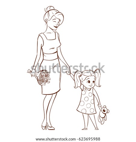 Vector hand drawn monochrome illustration of happy mother with her daughter.