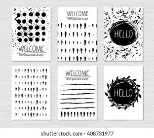 Vector hand drawn monochrome journal cards set.