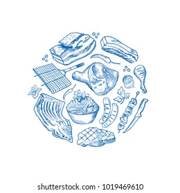 Vector hand drawn monochrome meat elements in for of circle illustration