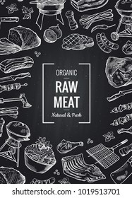 Vector hand drawn monochrome meat elements gathered toghether with place for text on black chalkboard illustration