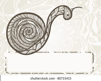vector hand drawn monochrome snail with unique ornament with frame for your text