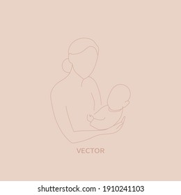 Vector hand drawn mother with child. Simple line art. 