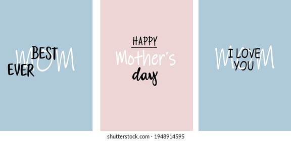 Vector hand drawn mother's day posters. Postcard, banner happy mother's day. I love you mom. Poster set.