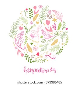 vector hand drawn mothers day lettering with branches, swirls, flowers and quote - happy mothers day. Can be used as mothers dar card or poster.