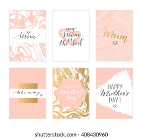 Vector hand drawn Mother's day cards. Modern calligraphy, lettering, marble texture.