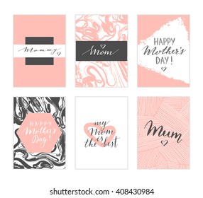 Vector hand drawn Mother's day cards. Modern calligraphy, lettering, marble texture.