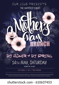 vector hand drawn mothers day event poster with blooming anemone flowers hand lettering text - mother's day and luminosity flares.