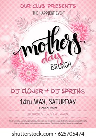 vector hand drawn mothers day event poster with blooming chrysanthemum flowers hand lettering text - mother's day and luminosity flares on checkered background.