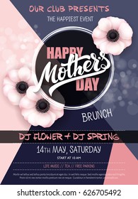 vector hand drawn mothers day event poster with blooming anemone flowers hand lettering text - mother's day and luminosity flares.