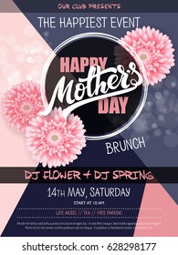 vector hand drawn mothers day event poster with blooming chrysanthemum flowers hand lettering text - mother's day and luminosity flares.