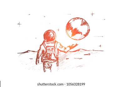 Vector hand drawn motivating and inspiring sketch. The first astronaut on the Moon standing backwards and greeting the Earth.