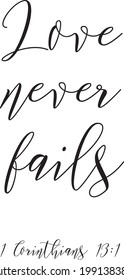 Vector hand drawn motivational and inspirational quote - Love never fails . Black and white calligraphic banner
