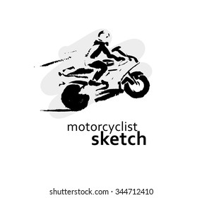 Vector hand drawn motorcyclist sketch isolated on white backdrop. Ink drawing. Sportsman silhouette illustration. Sport logo, magazine, journal articles, print design, poster, placards, advertising.
