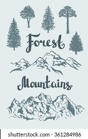 Vector Hand drawn mountain landscape and isolated trees. 
