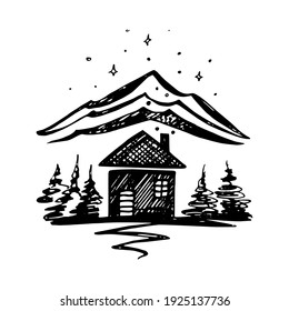 Vector hand drawn mountain logo sign symbol graphic nature design illustration. Forest travel house concept business landscape. Adventure vintage icon company tourism hill template abstract element.
