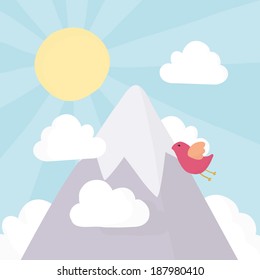 Vector hand drawn mountain peak with bird flying