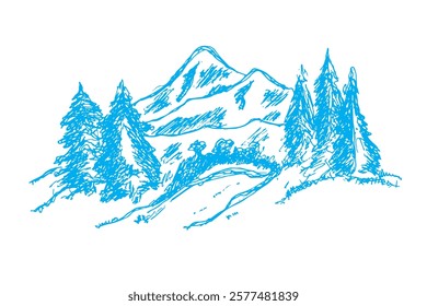 Vector hand drawn mountain sketch, wild nature, nature illustration. white and blue illustration.