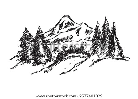 Vector hand drawn mountain sketch, wild nature, nature illustration. white and black illustration.