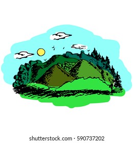Vector hand drawn mountains. Illustration of nature