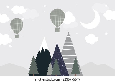 Vector hand drawn mountains in modern scandinavian style with hot air balloons and forest. Children's modern wallpaper in doodle style.