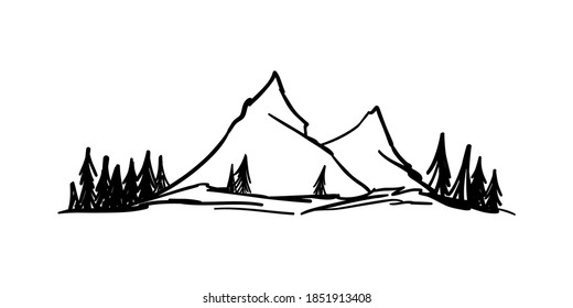 Esbozo de montañas dibujado por la mano del vector. Picos con pinares sobre fondo blanco.