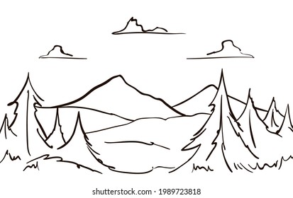 Vector Hand drawn Mountains sketch landscape with hills, pine and clouds. Line design.