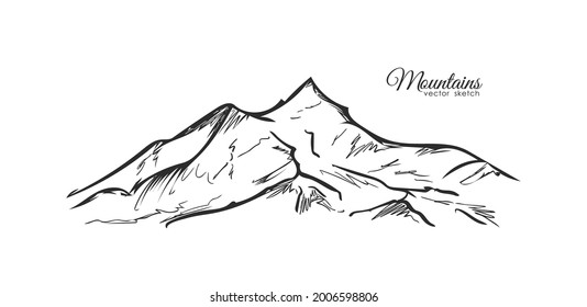 Las montañas dibujadas por la mano vectora esbozan el paisaje con colinas y picos.