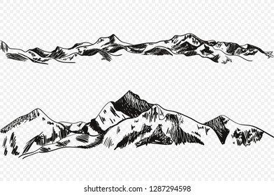 Vector Hand Drawn Mountains, Sketchy Illustration Isolated on Light Transparent Background, Nature Sketch.