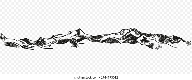 Vector Hand Drawn Mountains, Sketchy Illustration Isolated on Light Transparent Background, Nature Sketch, Freehand Drawing.