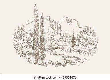 Vector hand drawn mountan landscape. Nature illustration.