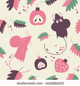 Vector hand drawn mouse and Christmas decorations.  Seamless pattern for banners, wallpapers, cards and wrapping. 