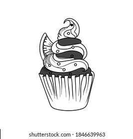 Vector hand drawn muffin with cream and orange, pencil drawings effect