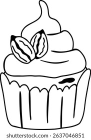 Vector hand drawn muffin. Cupcake with nuts and cream. outline. Illustration in doodle style. 