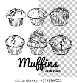 Muffins de Vector dibujados a mano con contorno negro, sin relleno, con detalles finos. Seis cupcakes con gotas de chocolate, crema de frutas y sabor a vainilla. Fácil de editar y utilizar los recursos de alimentos de Vector. 