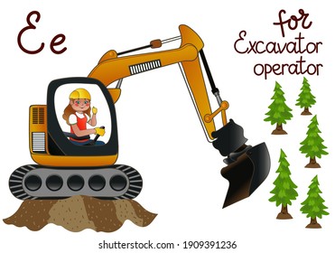 Chica de dibujos animados multicolor dibujada a mano 
opera una excavadora, plantan árboles