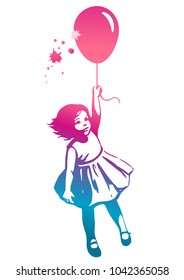 Vector hand drawn multicolor rainbow silhouette illustration of a cute little toddler girl in a summer dress floating in mid air, holding a pink red balloon. Street art stencil style design element 