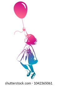 Vector hand drawn multicolor rainbow silhouette illustration of a cute little toddler girl in a summer dress floating in mid air, holding a pink red balloon. Street art stencil style design element 