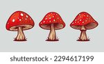 Vector Hand Drawn Mushroom With Outline Icon Set Isolated. Amanita Muscaria, Fly Agaric Scetch, Doodle, Linear Sign Collection. Magic Mushroom Symbol, Design Template. Vector illustration