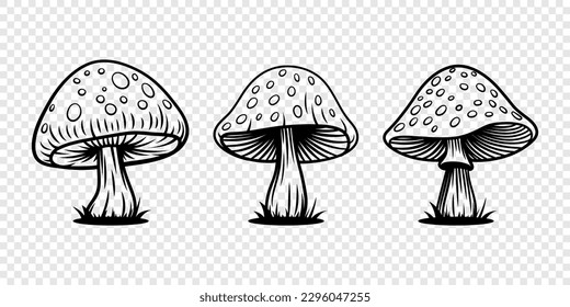 Vector Hand Drawn Mushroom With Outline Icon Set Isolated. Amanita Muscaria, Fly Agaric Scetch, Doodle, Linear Sign Collection. Magic Mushroom Symbol, Design Template. Vector illustration