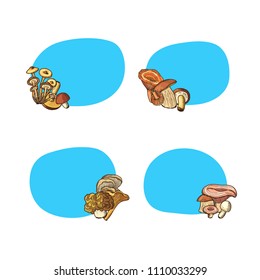 Vector hand drawn mushrooms stickers of set with place for text illustration isolated on white background