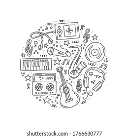 Vector hand drawn music instruments in doodle style. Music festival banner in black and white colors. Coloring book page