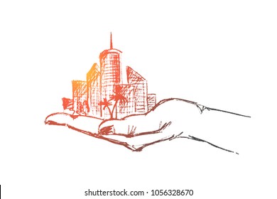 Vector hand drawn my city concept sketch. Part of big city with skyscrapers and trees in human hand.