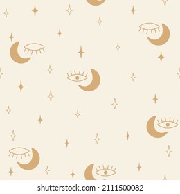 Vector hand drawn mystic eye, doodles seamless pattern on beige background, modern design